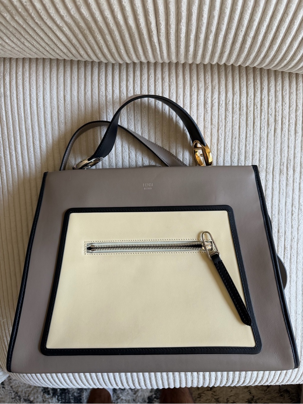Fendi Two-Tone Leather Top Handle Satchel in Taupe, Cream & Black